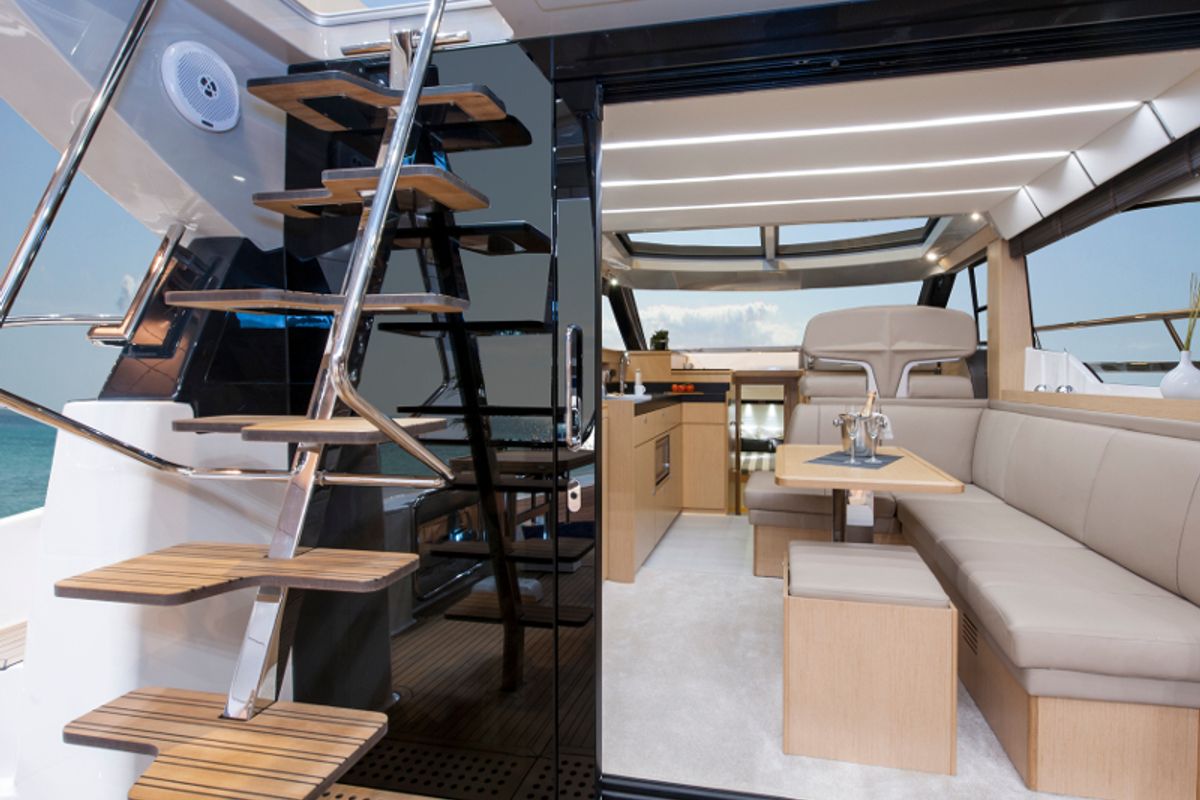 Salon of CALENI, a Bavaria Virtess 420 Fly motorboat at Grad Šibenik, Croatia