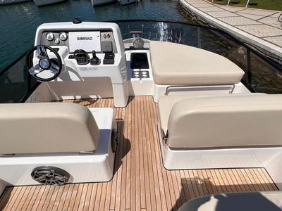 Cockpit of CALENI, a Bavaria Virtess 420 Fly motorboat at Grad Šibenik, Croatia