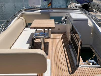 Deck of CALENI, a Bavaria Virtess 420 Fly motorboat at Grad Šibenik, Croatia