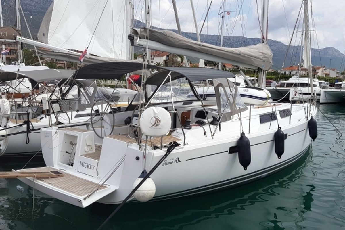 Exterior view of Mickey, a Hanse Yachts Hanse 415 sailboat at Primošten, Croatia