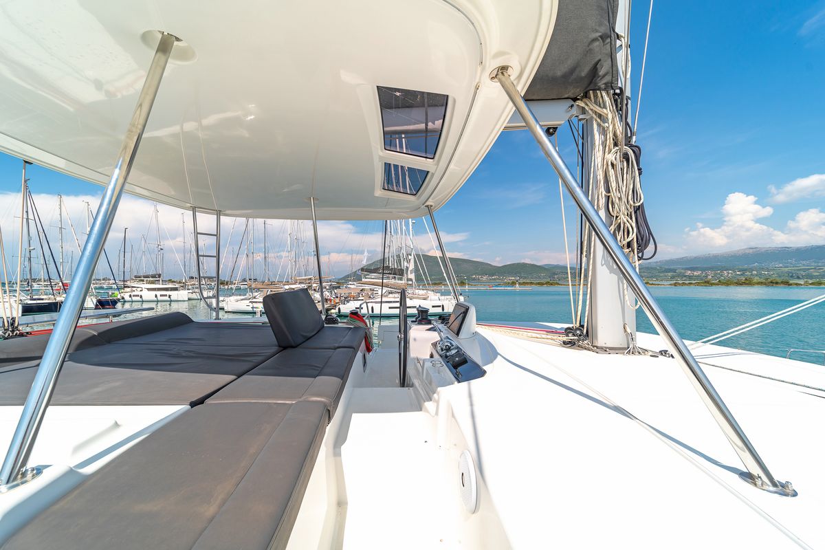 Cockpit of Pnoe, a Lagoon 46 catamaran at Municipal Unit of Lefkada, Greece