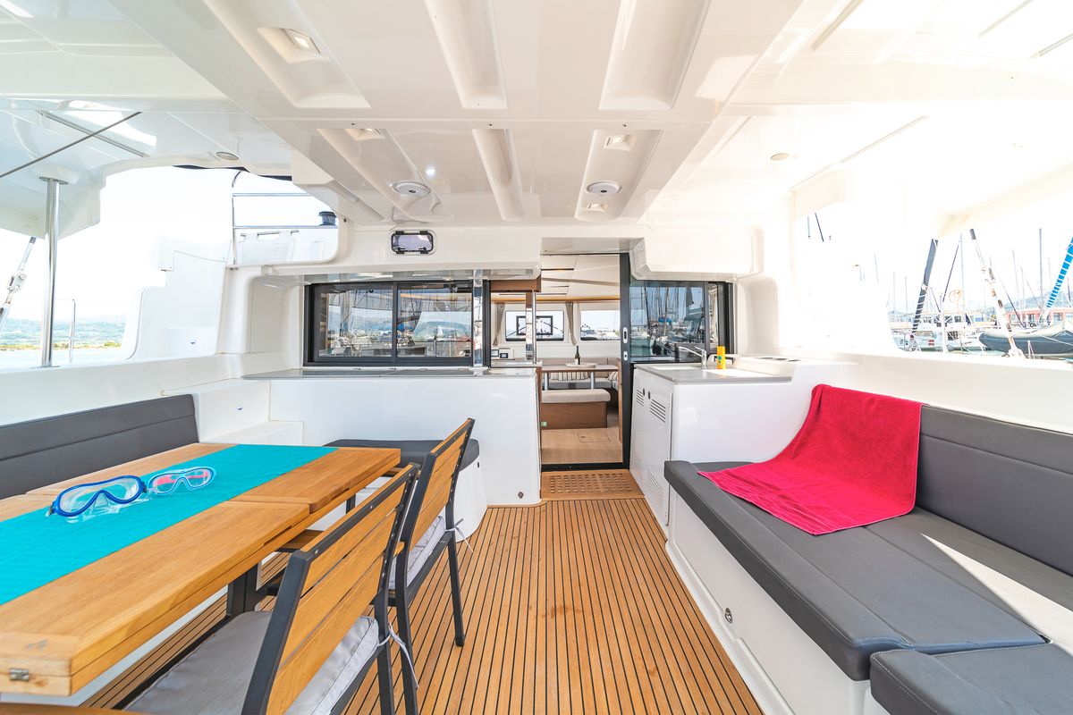 Deck of Pnoe, a Lagoon 46 catamaran at Municipal Unit of Lefkada, Greece