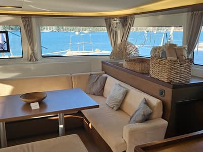 Salon of Shanti, a Lagoon 46 catamaran at Fethiye, Turkey