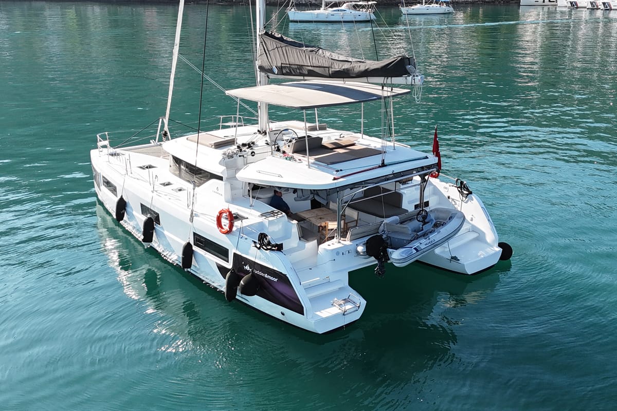 Exterior view of Shanti, a Lagoon 46 catamaran at Fethiye, Turkey