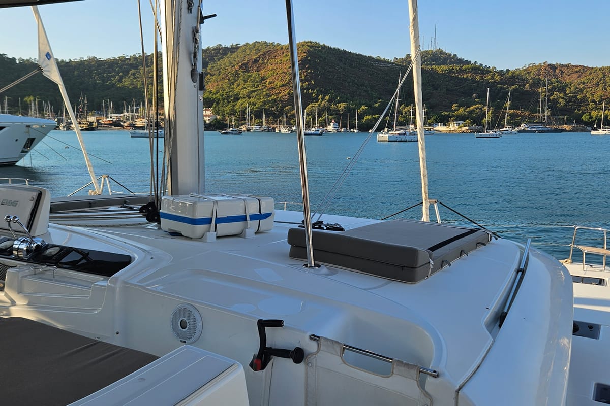 Deck of Shanti, a Lagoon 46 catamaran at Fethiye, Turkey