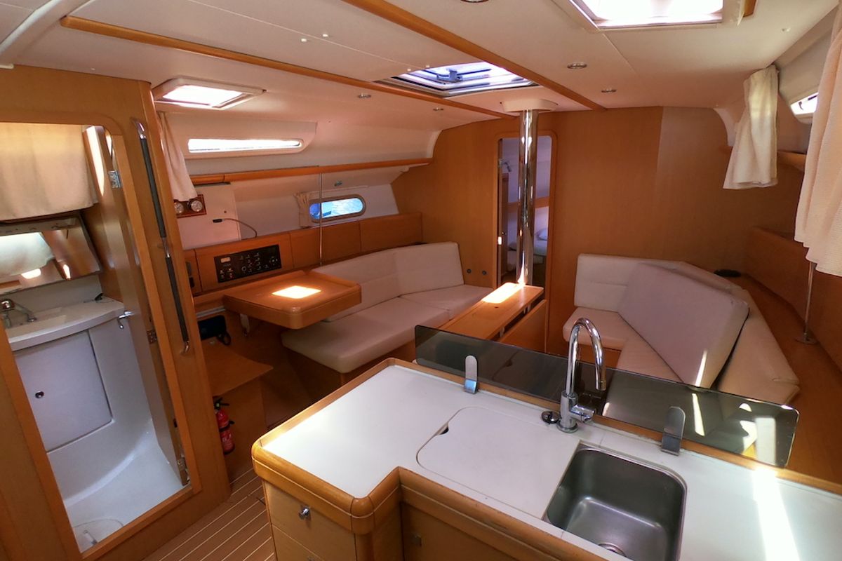 Galley of Praha, a Jeanneau Sun Odyssey 42i sailboat at Olbia, Italy