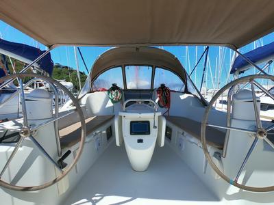 Cockpit of Praha, a Jeanneau Sun Odyssey 42i sailboat at Olbia, Italy