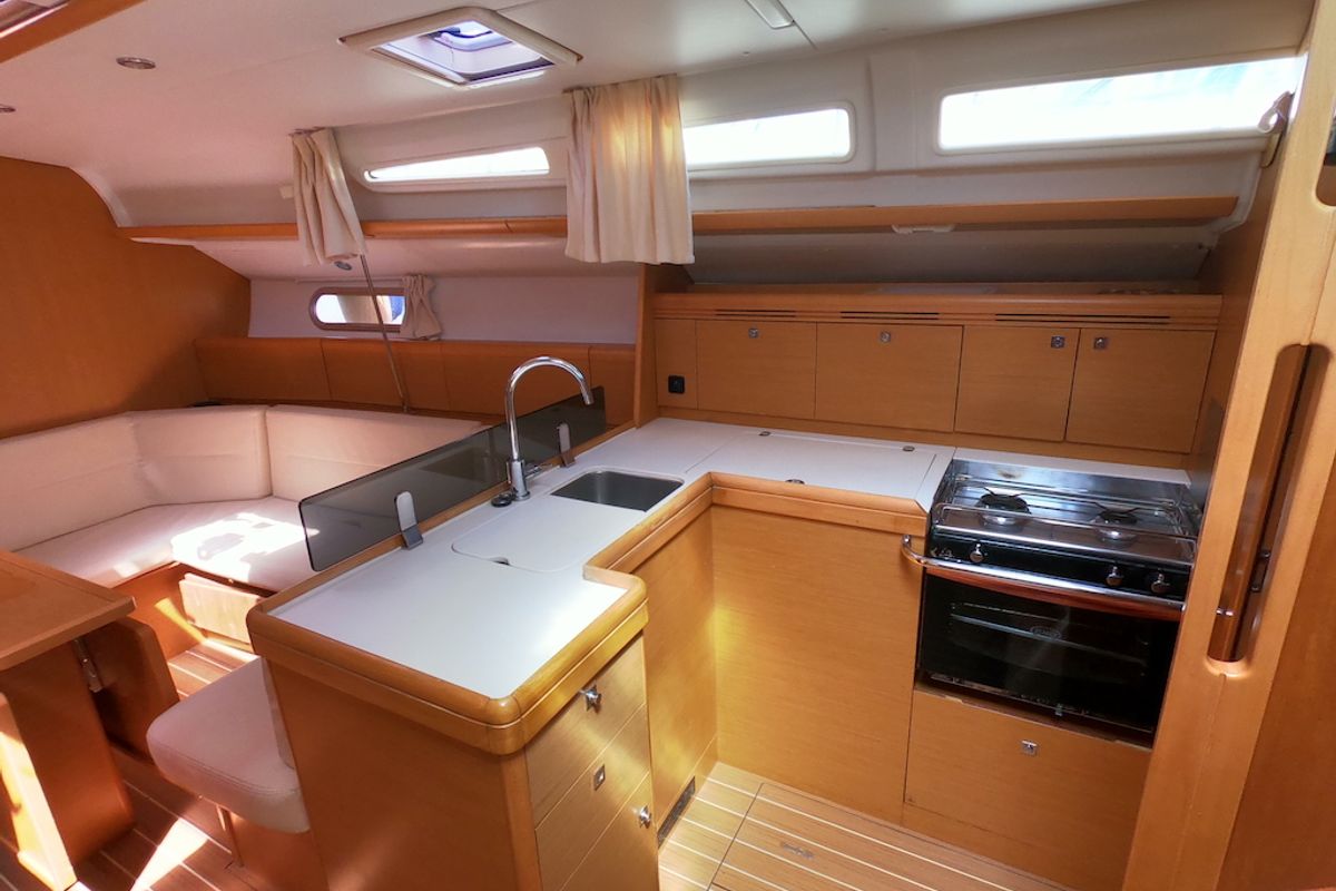 Galley of Praha, a Jeanneau Sun Odyssey 42i sailboat at Olbia, Italy