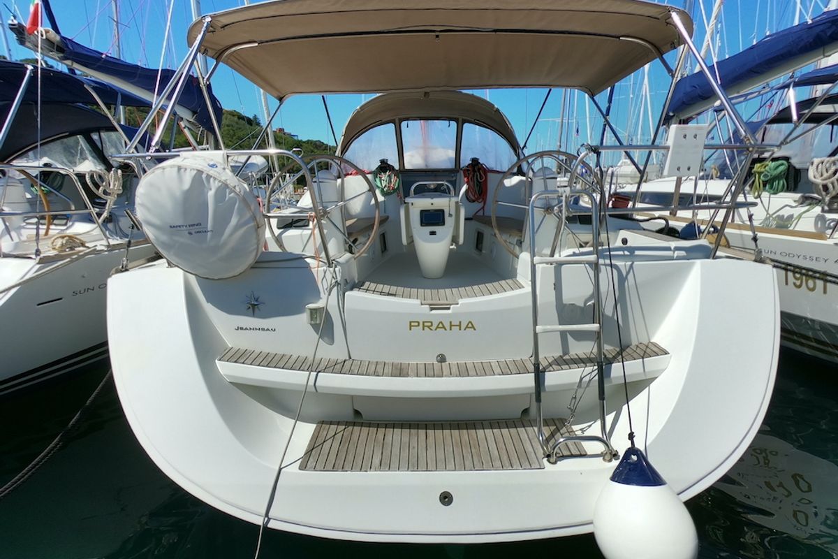 Exterior view of Praha, a Jeanneau Sun Odyssey 42i sailboat at Olbia, Italy