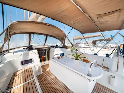 Cockpit of Sofia, a Jeanneau Sun Odyssey 479 sailboat at Municipal Unit of Ellomenos, Greece