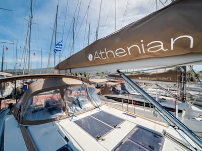 Deck of Sofia, a Jeanneau Sun Odyssey 479 sailboat at Municipal Unit of Ellomenos, Greece