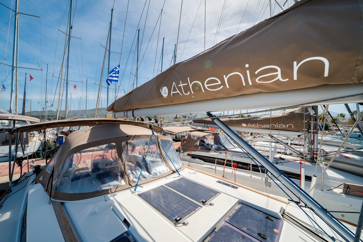 Deck of Sofia, a Jeanneau Sun Odyssey 479 sailboat at Municipal Unit of Ellomenos, Greece