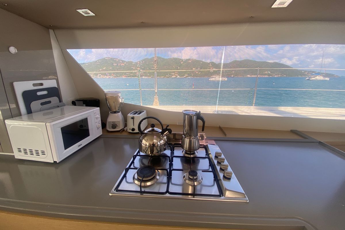 Galley of Sunrise, a Fountaine Pajot Saba 50 catamaran at Road Town, British Virgin Islands