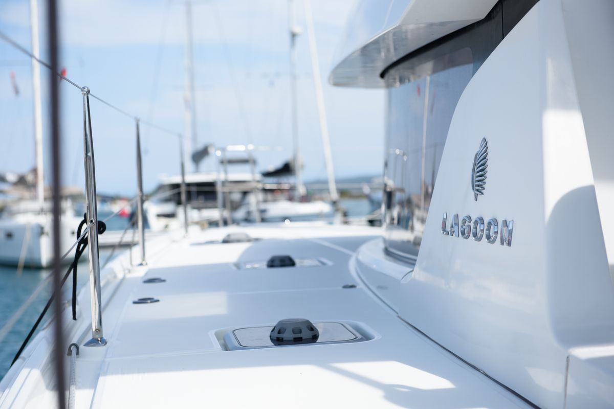 Exterior view of Full Moon, a Lagoon 42 catamaran at Municipal Unit of Lefkada, Greece