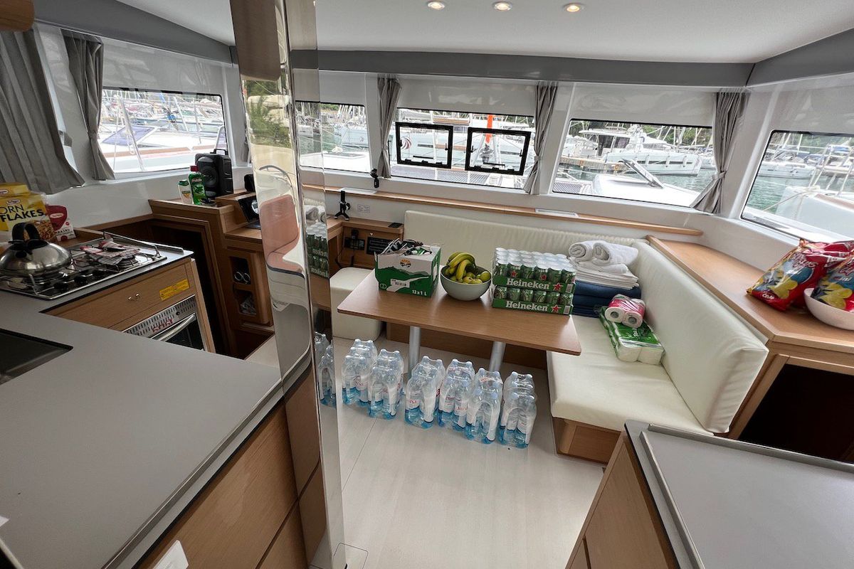 Salon of Silver Kiss, a Excess 12 - 4 + 1 + 1 cab. catamaran at Dubrovnik, Croatia