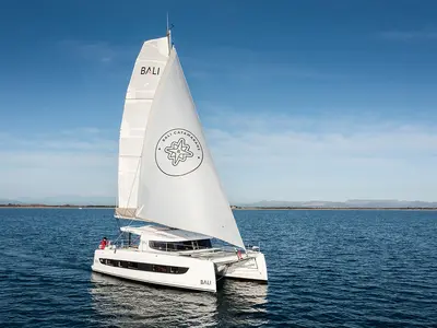 Deck of GoWithTheFlow, a Bali Catsmart catamaran at Seget Donji, Croatia