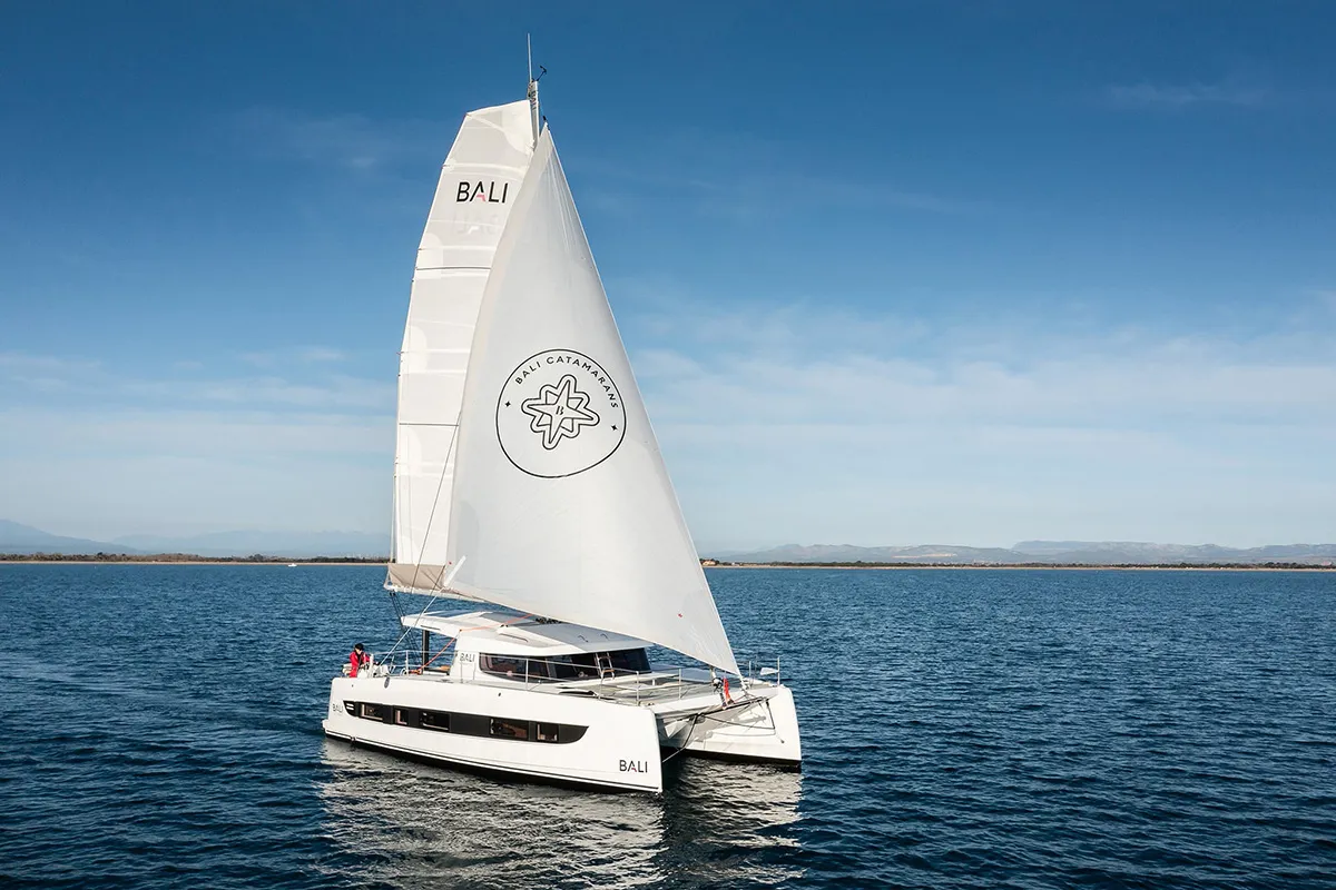 Deck of GoWithTheFlow, a Bali Catsmart catamaran at Seget Donji, Croatia