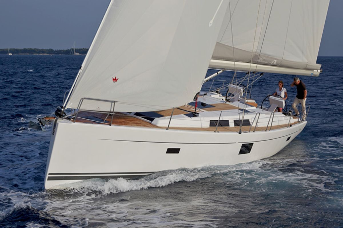 Exterior view of Scarlett, a Hanse Yachts Hanse 455 sailboat at Seget Donji, Croatia