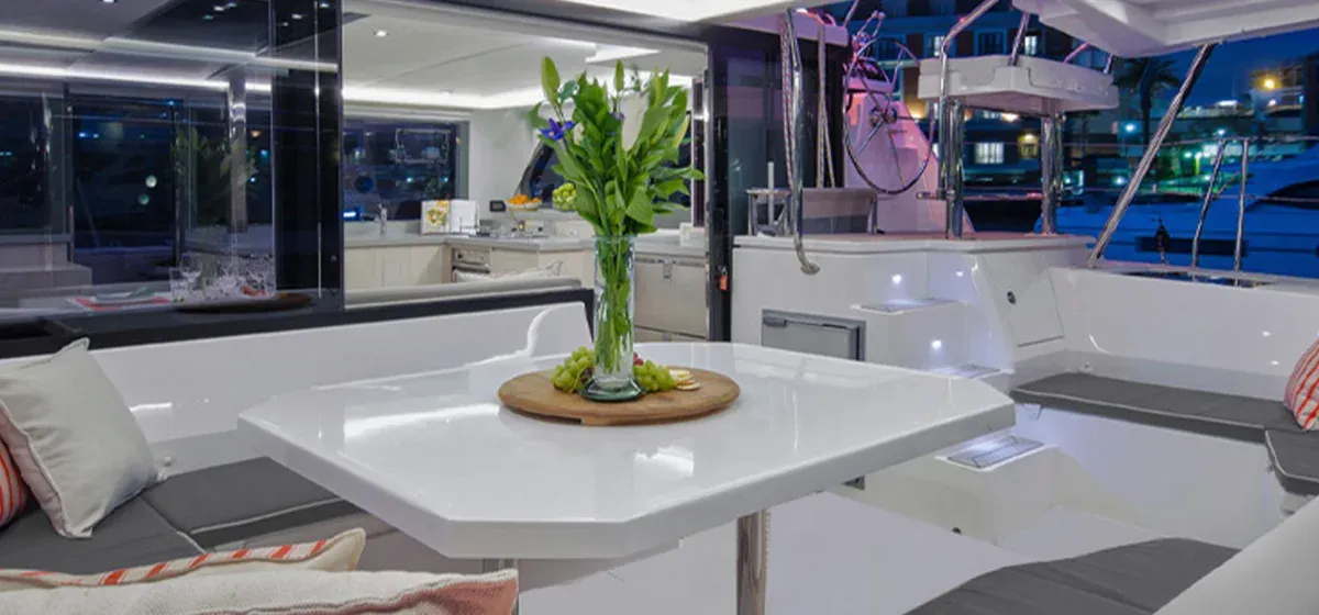 Deck of Sunsail 454L Classic, a Leopard 45 catamaran at Eden Island Marina, Seychelles