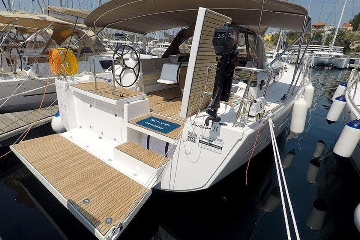 Deck of Avalon II, a Dufour 460 GL sailboat at Grad Šibenik, Croatia