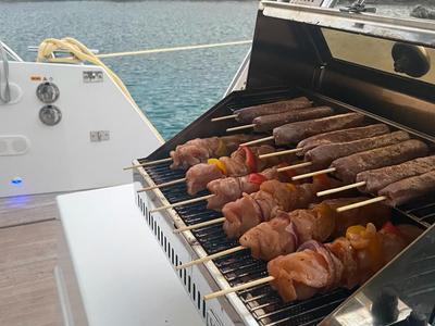 Deck of Crewed   "Alegria", a Fountaine Pajot Saona 47 catamaran at Municipality of Kalamata, Greece