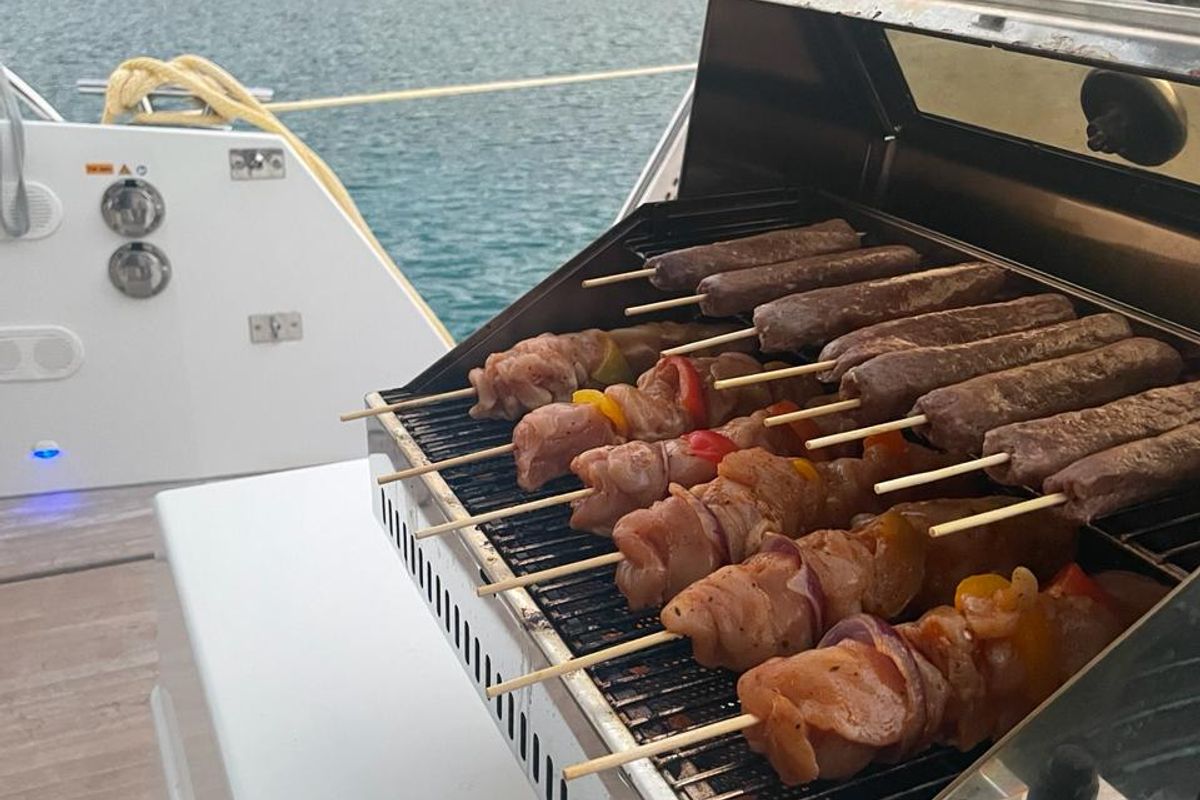 Deck of Crewed "Alegria", a Fountaine Pajot Saona 47 catamaran at Municipality of Kalamata, Greece