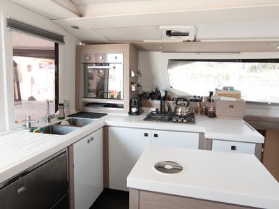 Galley of Crewed   "Alegria", a Fountaine Pajot Saona 47 catamaran at Municipality of Kalamata, Greece