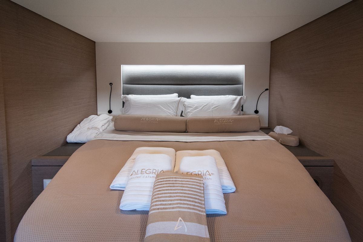 Cabin on Crewed   "Alegria", a Fountaine Pajot Saona 47 catamaran at Municipality of Kalamata, Greece