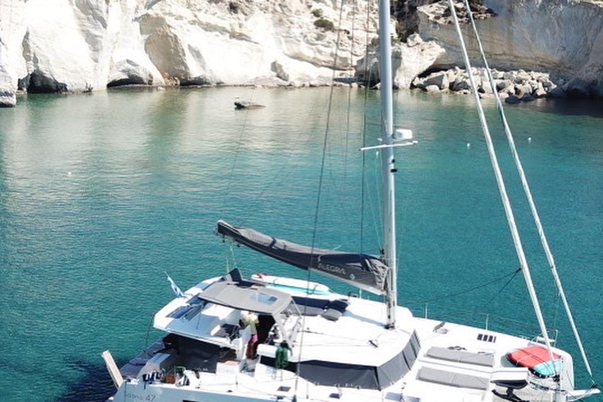 Deck of Crewed "Alegria", a Fountaine Pajot Saona 47 catamaran at Municipality of Kalamata, Greece