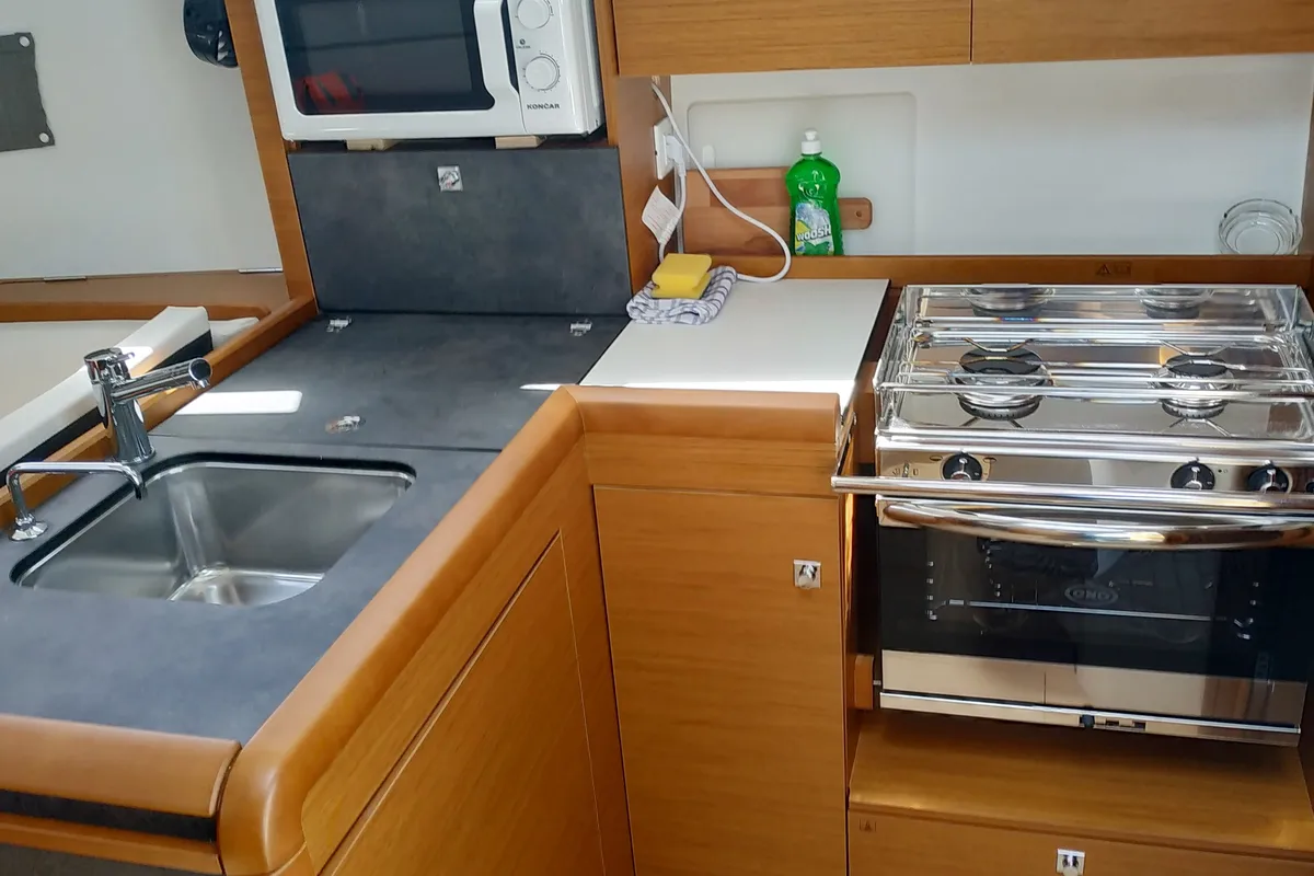 Galley of Elvis, a Jeanneau Sun Odyssey 349 sailboat at Općina Pakoštane, Croatia