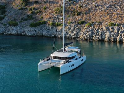 Exterior view of Alima, a Lagoon 42 catamaran at Gouvia, Greece