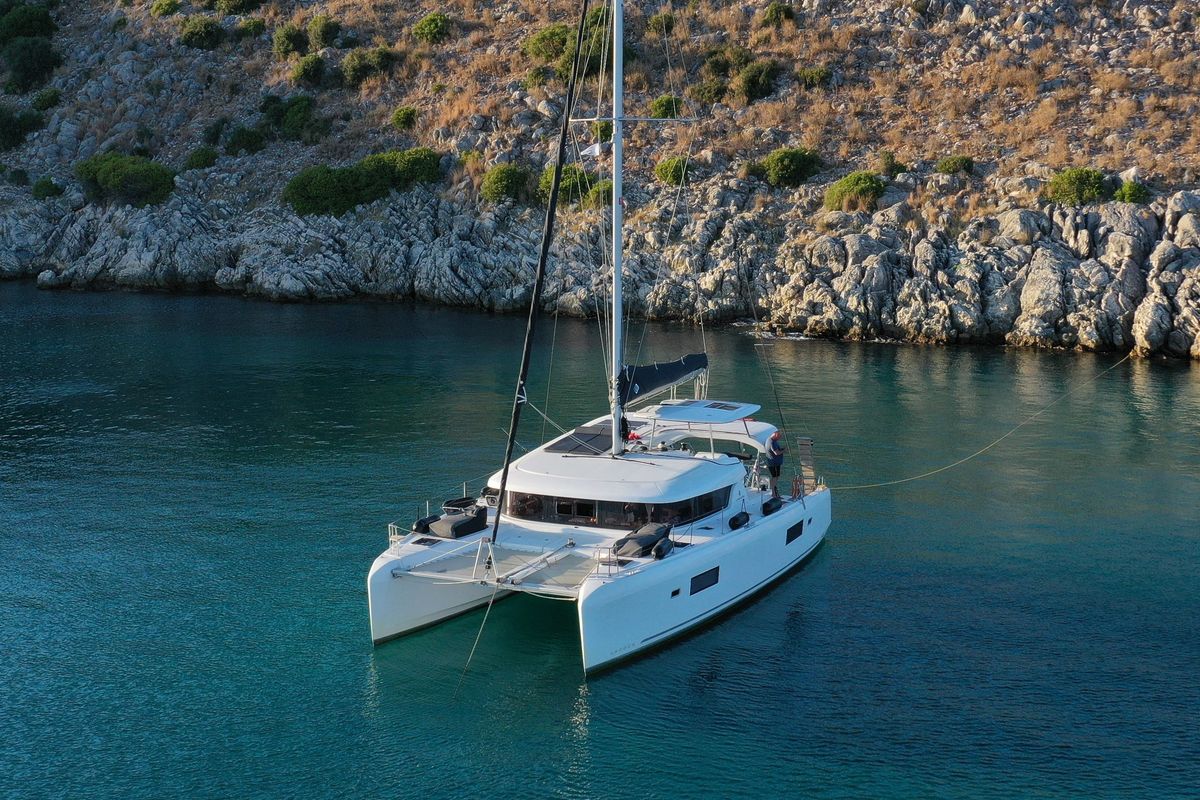 Exterior view of Alima, a Lagoon 42 catamaran at Gouvia, Greece
