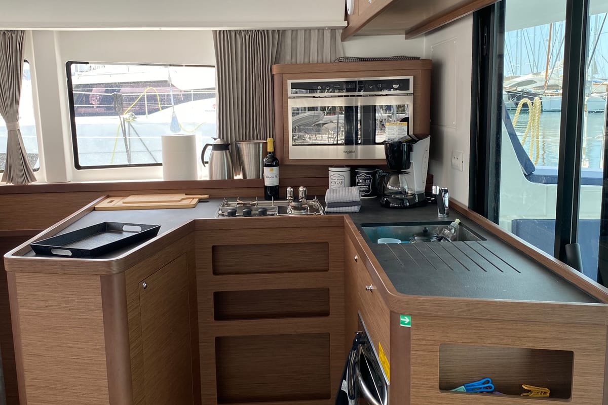 Galley of Alima, a Lagoon 42 catamaran at Gouvia, Greece