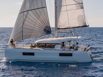 Exterior view of Esmee, a Lagoon 40 catamaran at Athens, Greece