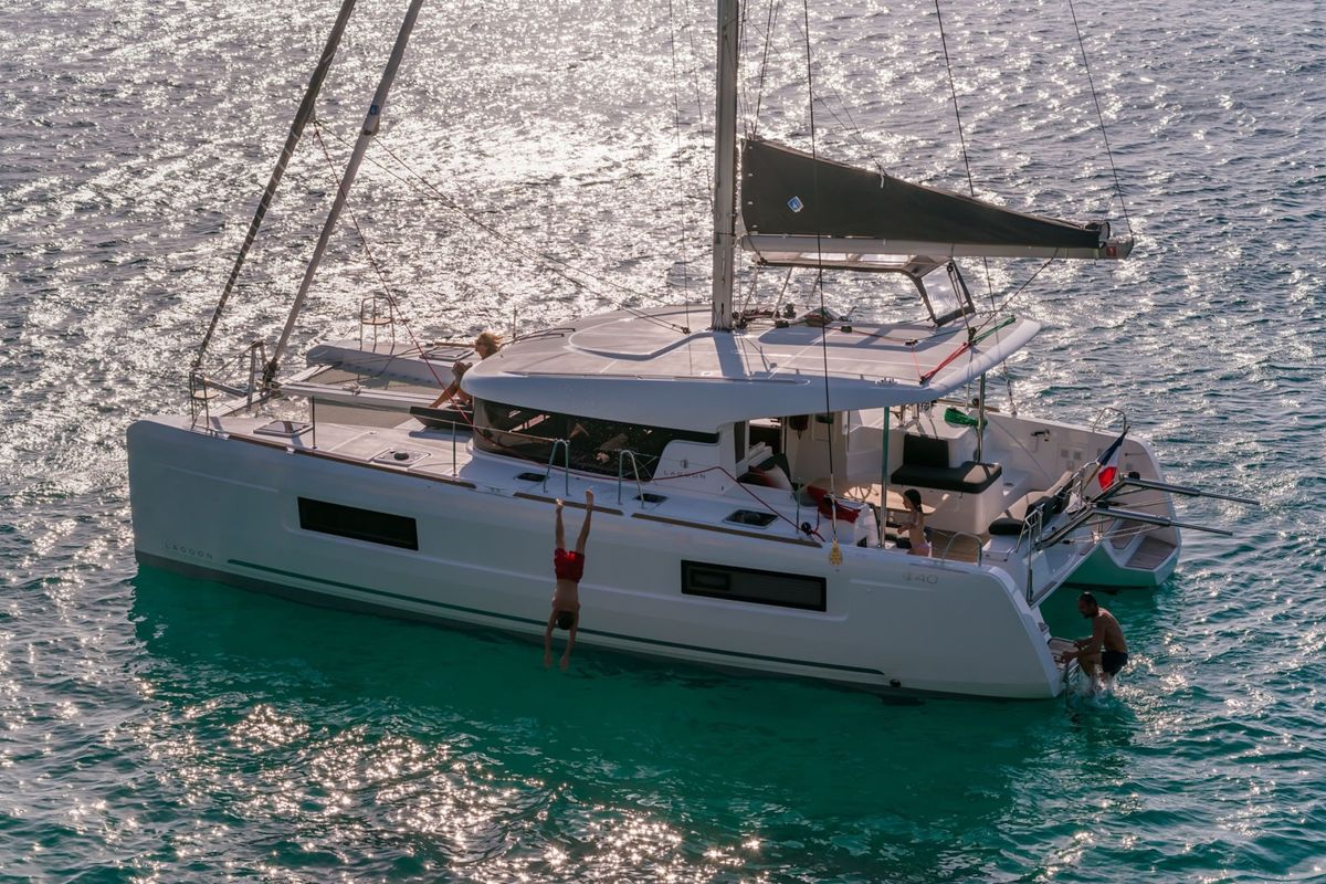 Exterior view of Esmee, a Lagoon 40 catamaran at Athens, Greece