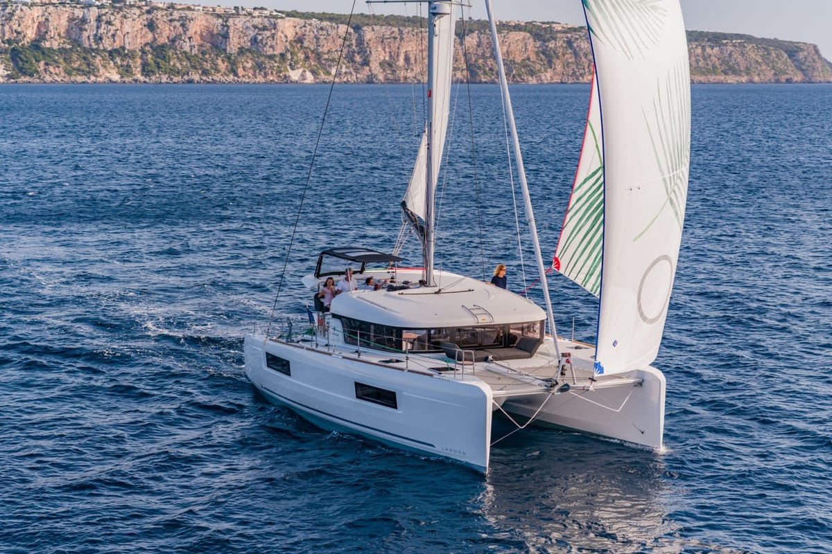 Exterior view of Esmee, a Lagoon 40 catamaran at Athens, Greece
