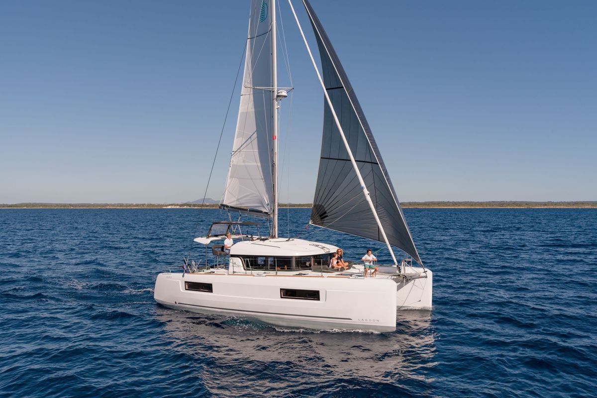 Exterior view of Esmee, a Lagoon 40 catamaran at Athens, Greece