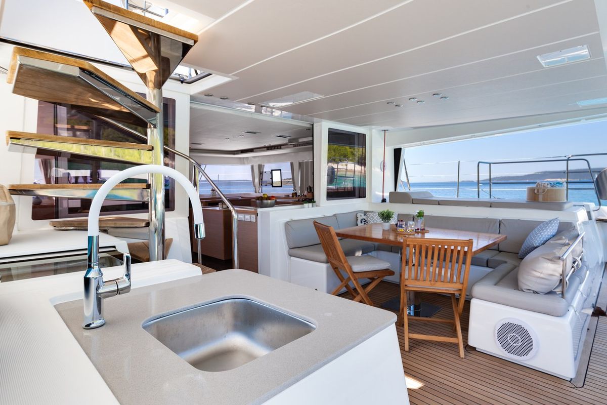 Deck of Cool Change, a Lagoon 560 catamaran at Grad Pula, Croatia