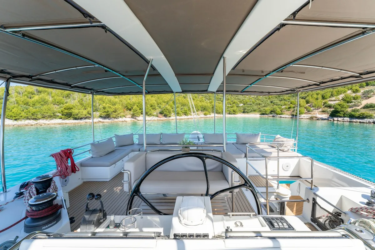 Cockpit of Cool Change, a Lagoon 560 catamaran at Grad Pula, Croatia