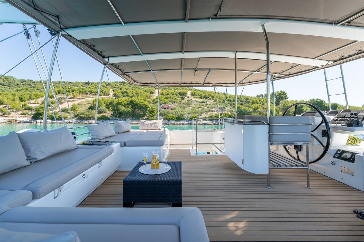 Cockpit of Cool Change, a Lagoon 560 catamaran at Grad Pula, Croatia