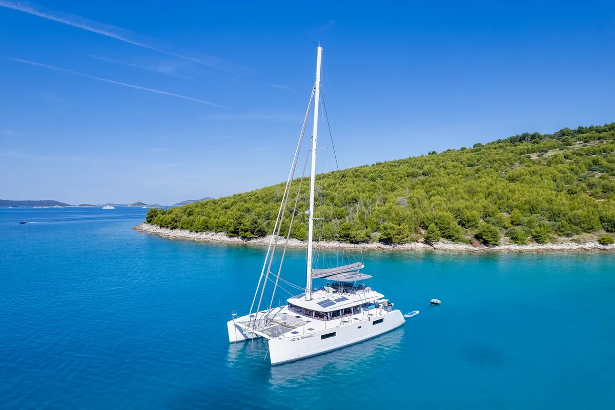 Exterior view of Cool Change, a Lagoon 560 catamaran at Grad Pula, Croatia