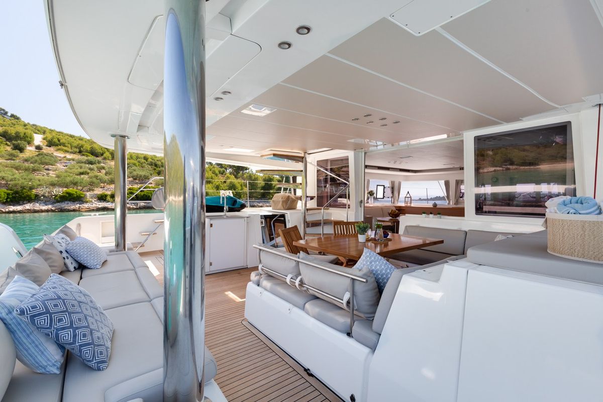 Deck of Cool Change, a Lagoon 560 catamaran at Grad Pula, Croatia