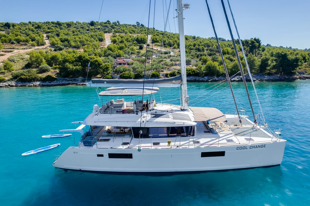 Exterior view of Cool Change, a Lagoon 560 catamaran at Grad Pula, Croatia