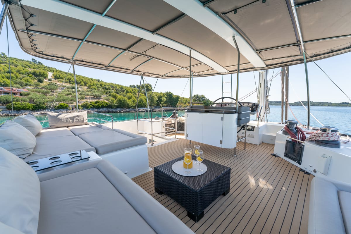 Cockpit of Cool Change, a Lagoon 560 catamaran at Grad Pula, Croatia