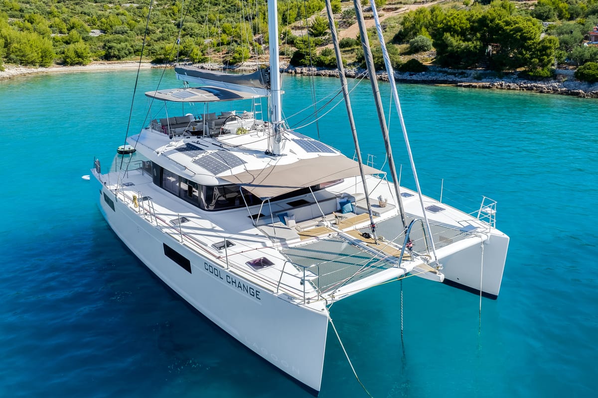 Exterior view of Cool Change, a Lagoon 560 catamaran at Grad Pula, Croatia