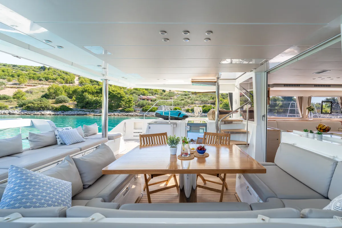 Deck of Cool Change, a Lagoon 560 catamaran at Grad Pula, Croatia