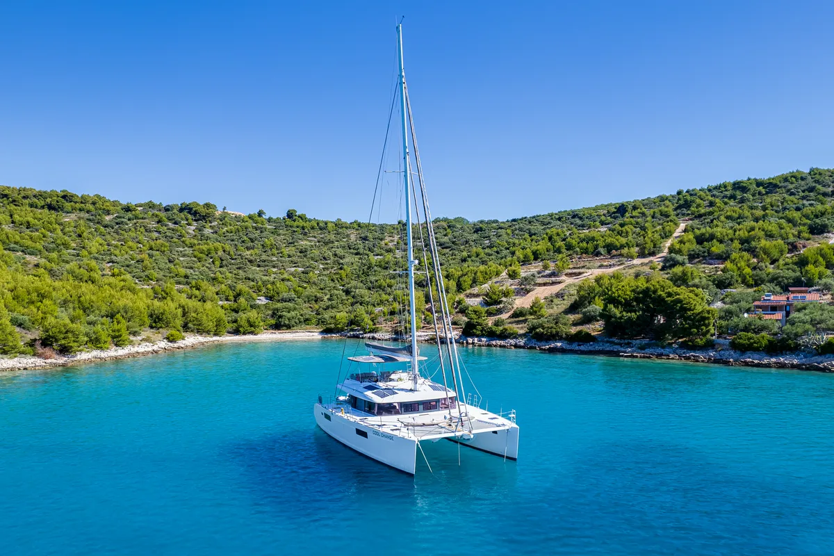 Exterior view of Cool Change, a Lagoon 560 catamaran at Grad Pula, Croatia