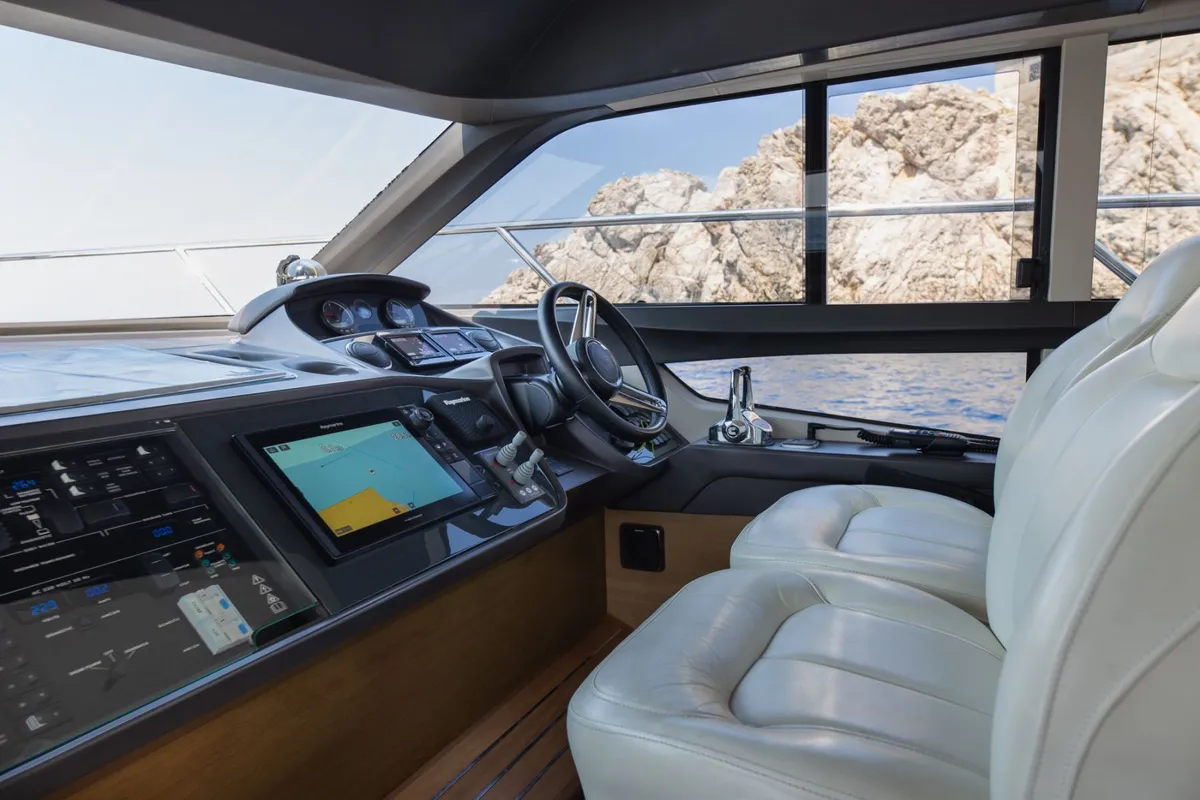 Cockpit of Contessa, a Princess Yachts Princess F43 motorboat at Dubrovnik, Croatia