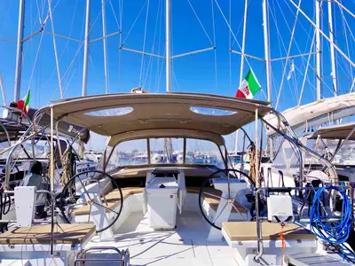 Cockpit of Nora - Water maker, Solar Panel , a Beneteau Oceanis 46.1 sailboat at Castellammare di Stabia, Italy