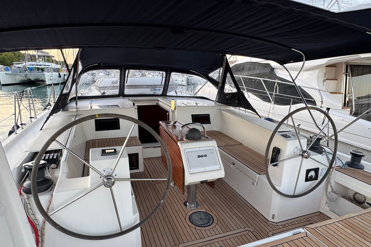 Cockpit of Nora, a Bavaria C45 sailboat at Općina Rogoznica, Croatia